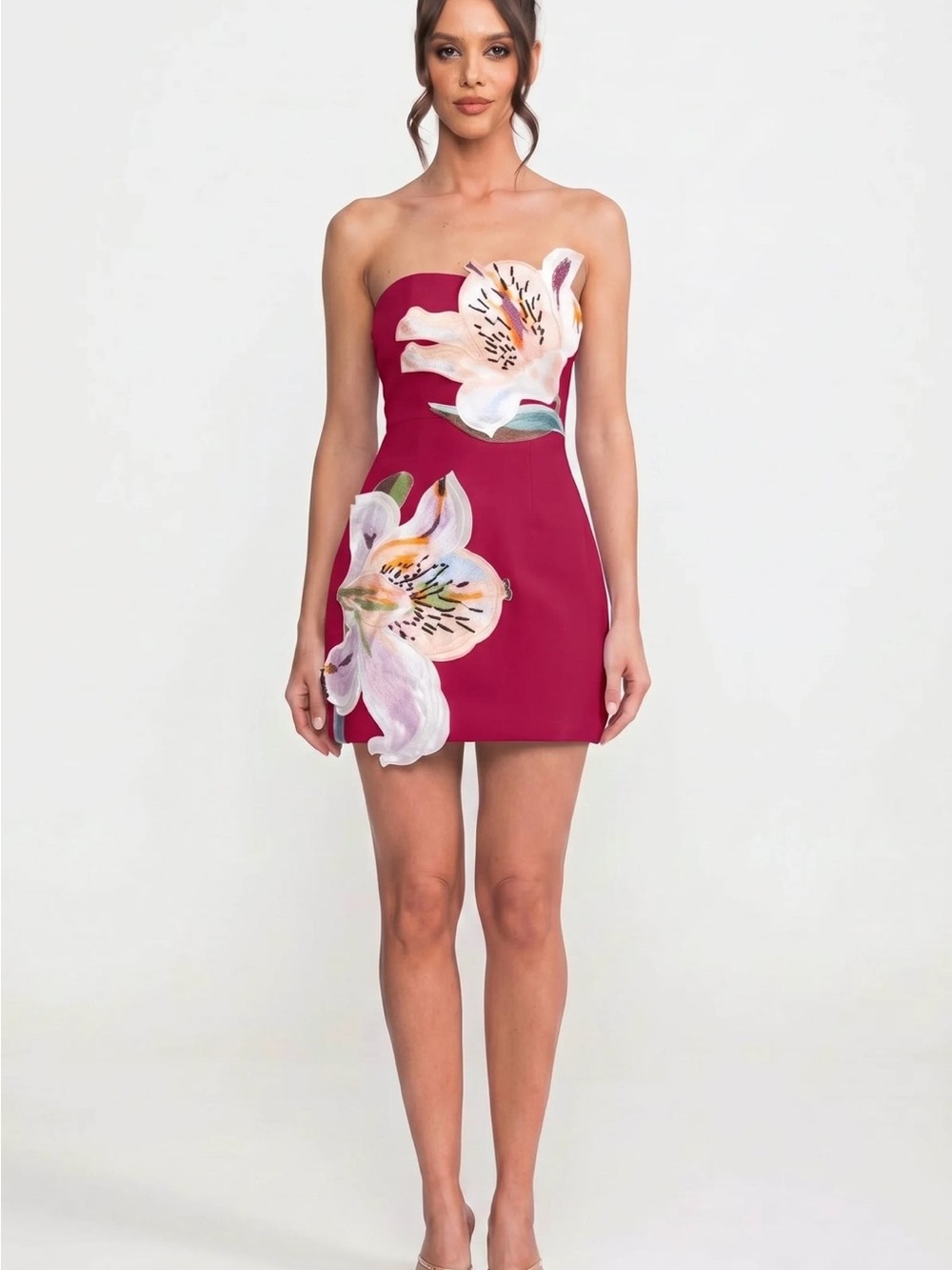 Strapless Floral Appliqué Mini Dress - Magenta
